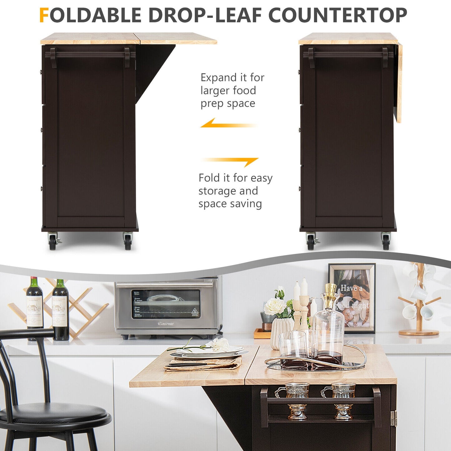 Expandable Rolling Kitchen Island with Storage Drawers Cabinet and Drop Leaf Top in Brown