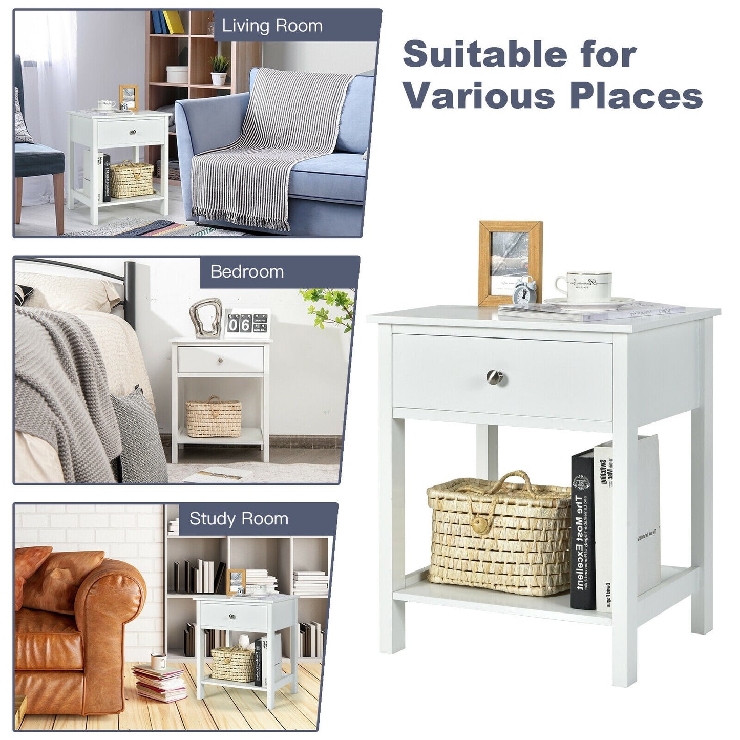 Wooden Nightstand with Drawer and Storage Shelf for Bedroom & Living Room - White