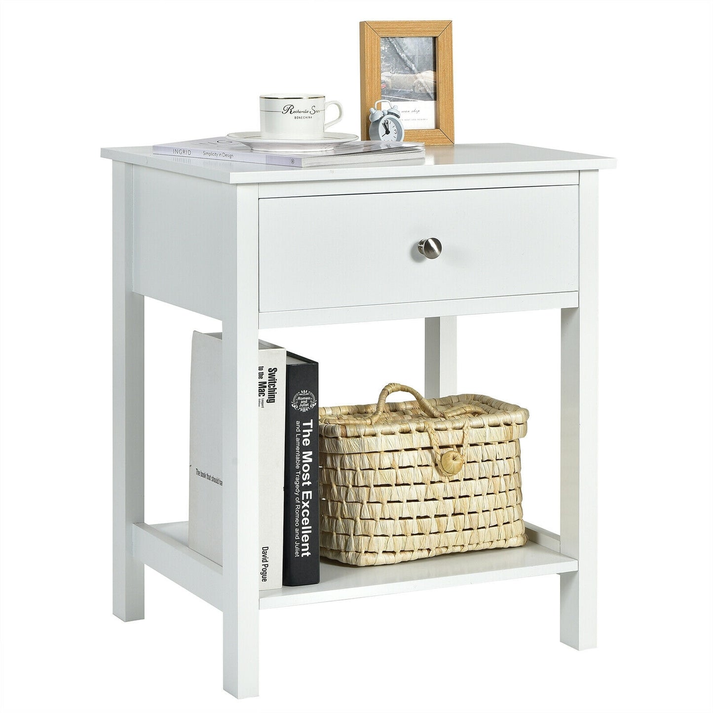 Wooden Nightstand with Drawer and Storage Shelf for Bedroom & Living Room - White