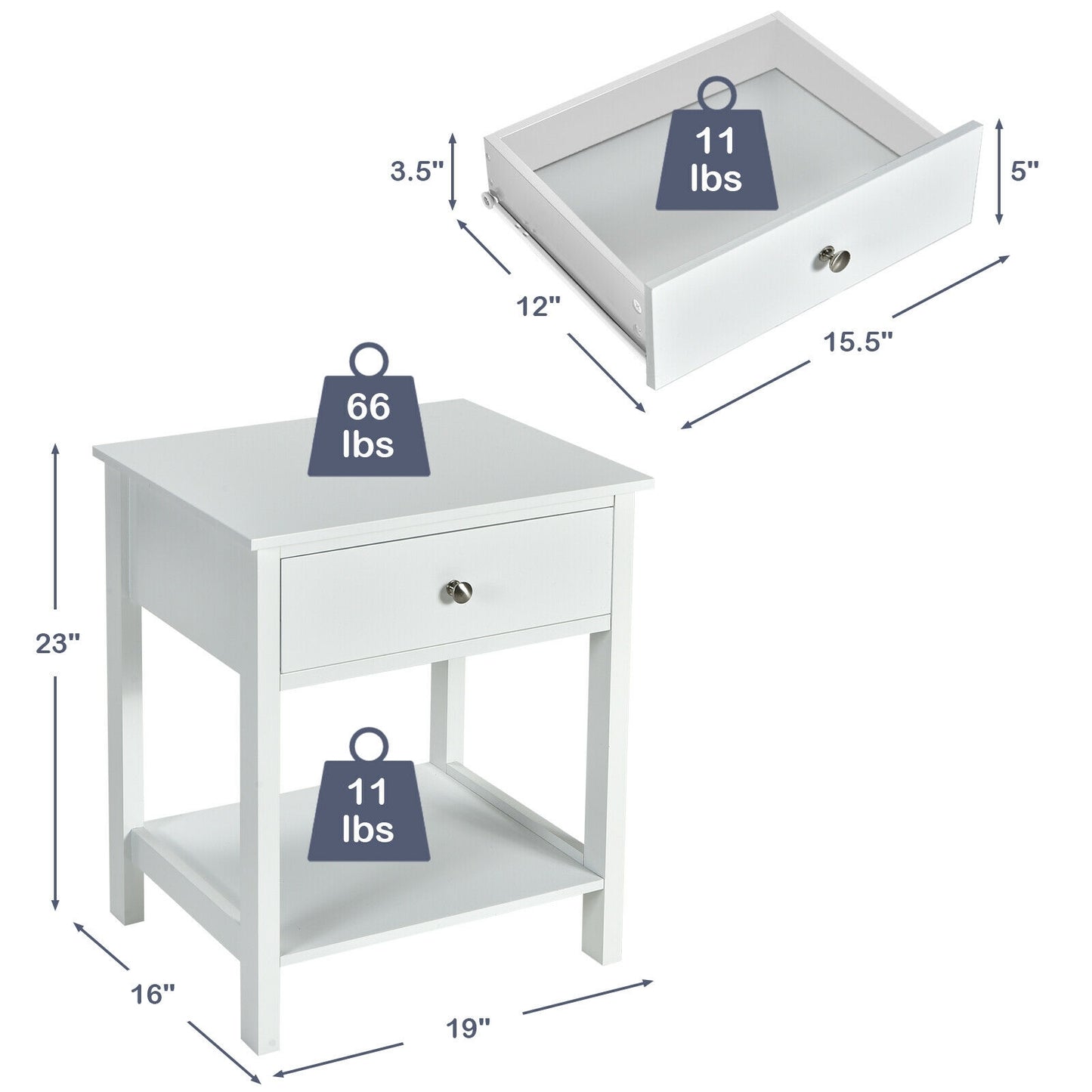 Wooden Nightstand with Drawer and Storage Shelf for Bedroom & Living Room - White