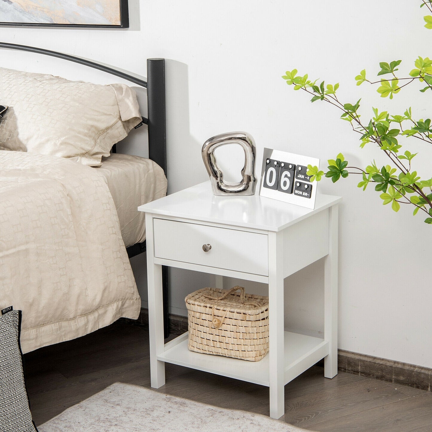 Wooden Nightstand with Drawer and Storage Shelf for Bedroom & Living Room - White