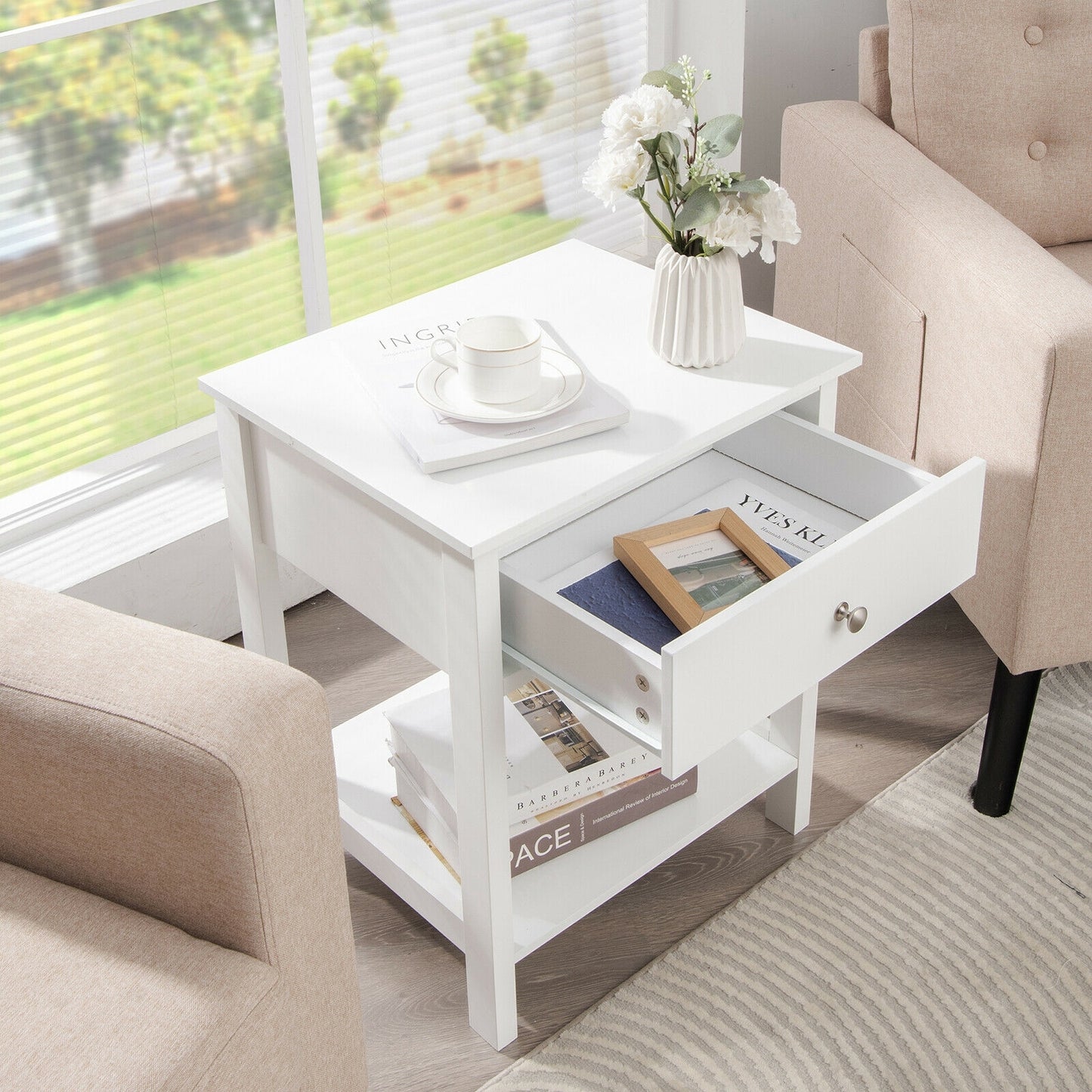 Wooden Nightstand with Drawer and Storage Shelf for Bedroom & Living Room - White