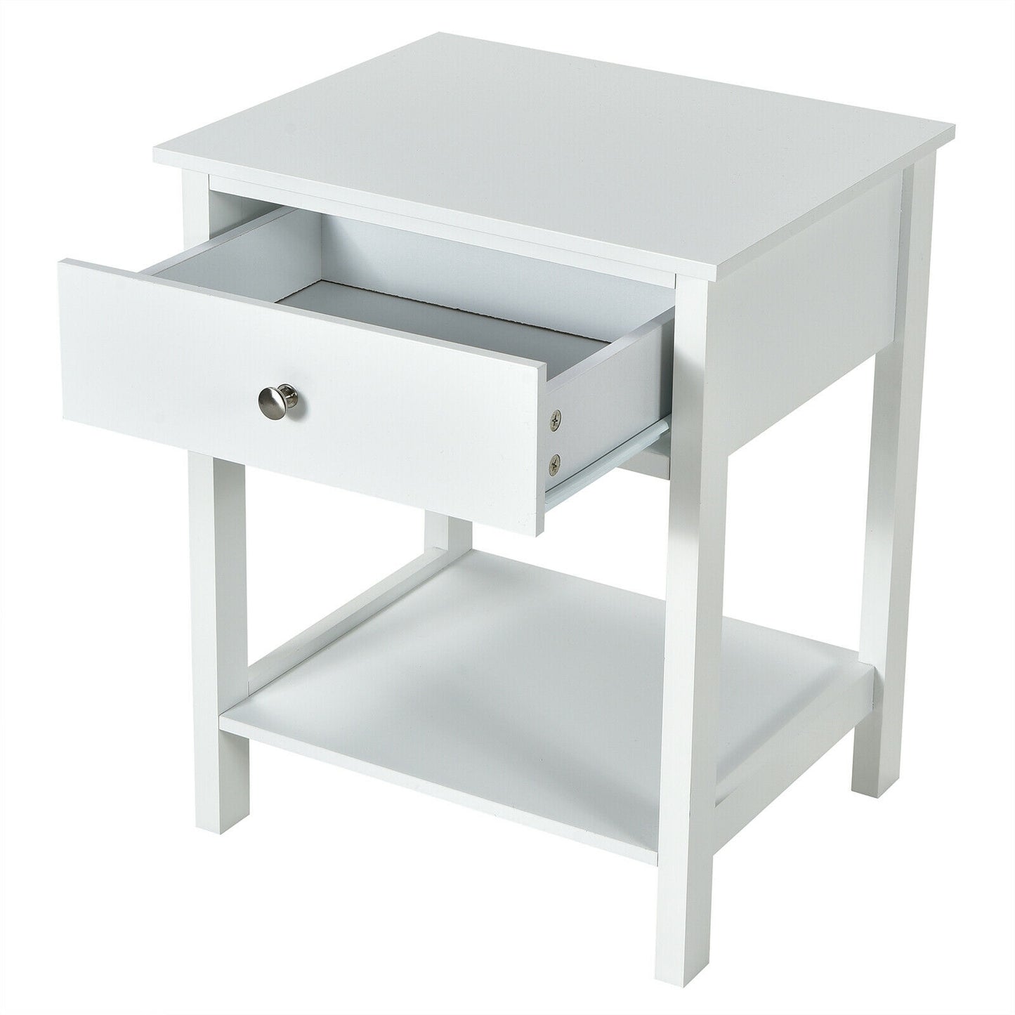 Wooden Nightstand with Drawer and Storage Shelf for Bedroom & Living Room - White