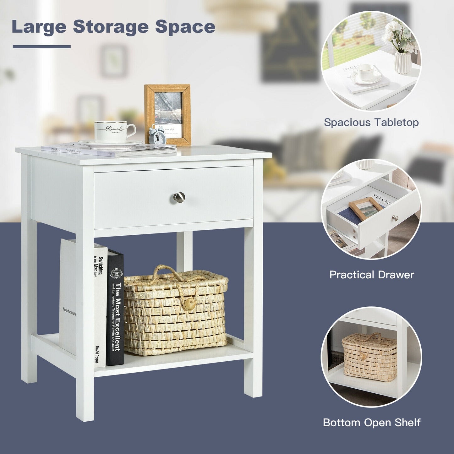 Wooden Nightstand with Drawer and Storage Shelf for Bedroom & Living Room - White