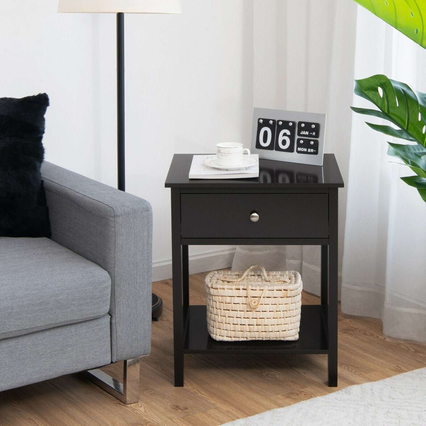 Wooden Nightstand with Drawer and Storage Shelf for Bedroom & Living Room - Black