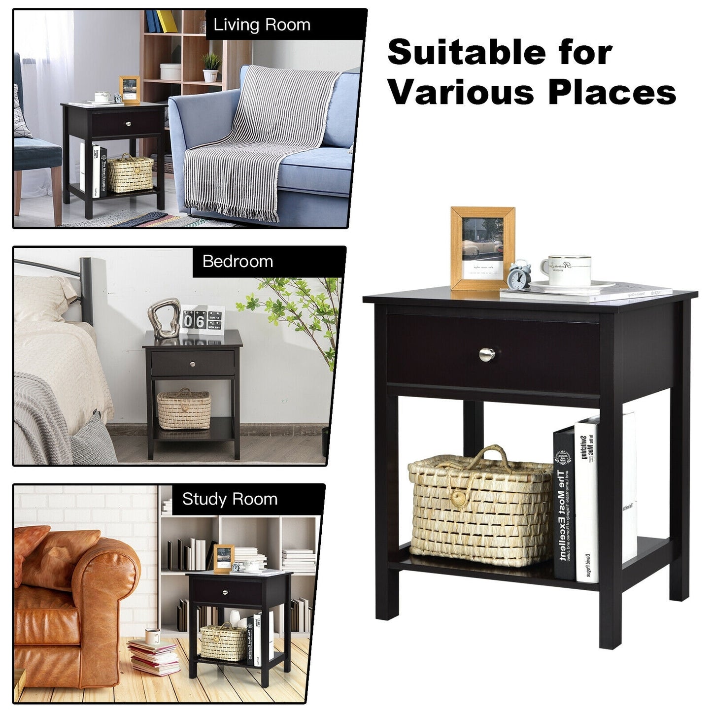 Wooden Nightstand with Drawer and Storage Shelf for Bedroom & Living Room - Black
