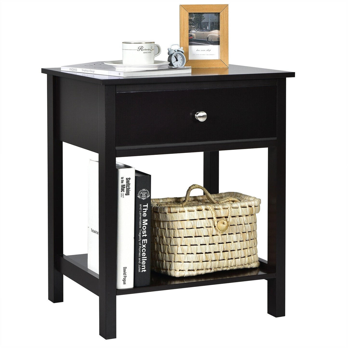 Wooden Nightstand with Drawer and Storage Shelf for Bedroom & Living Room - Black