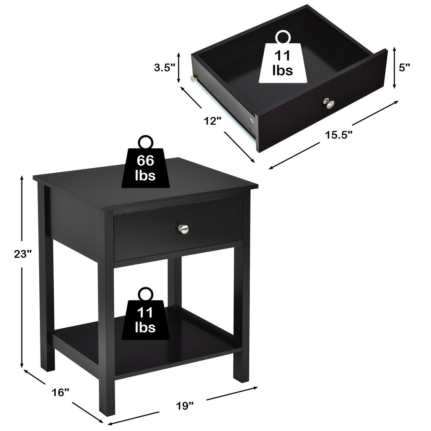 Wooden Nightstand with Drawer and Storage Shelf for Bedroom & Living Room - Black