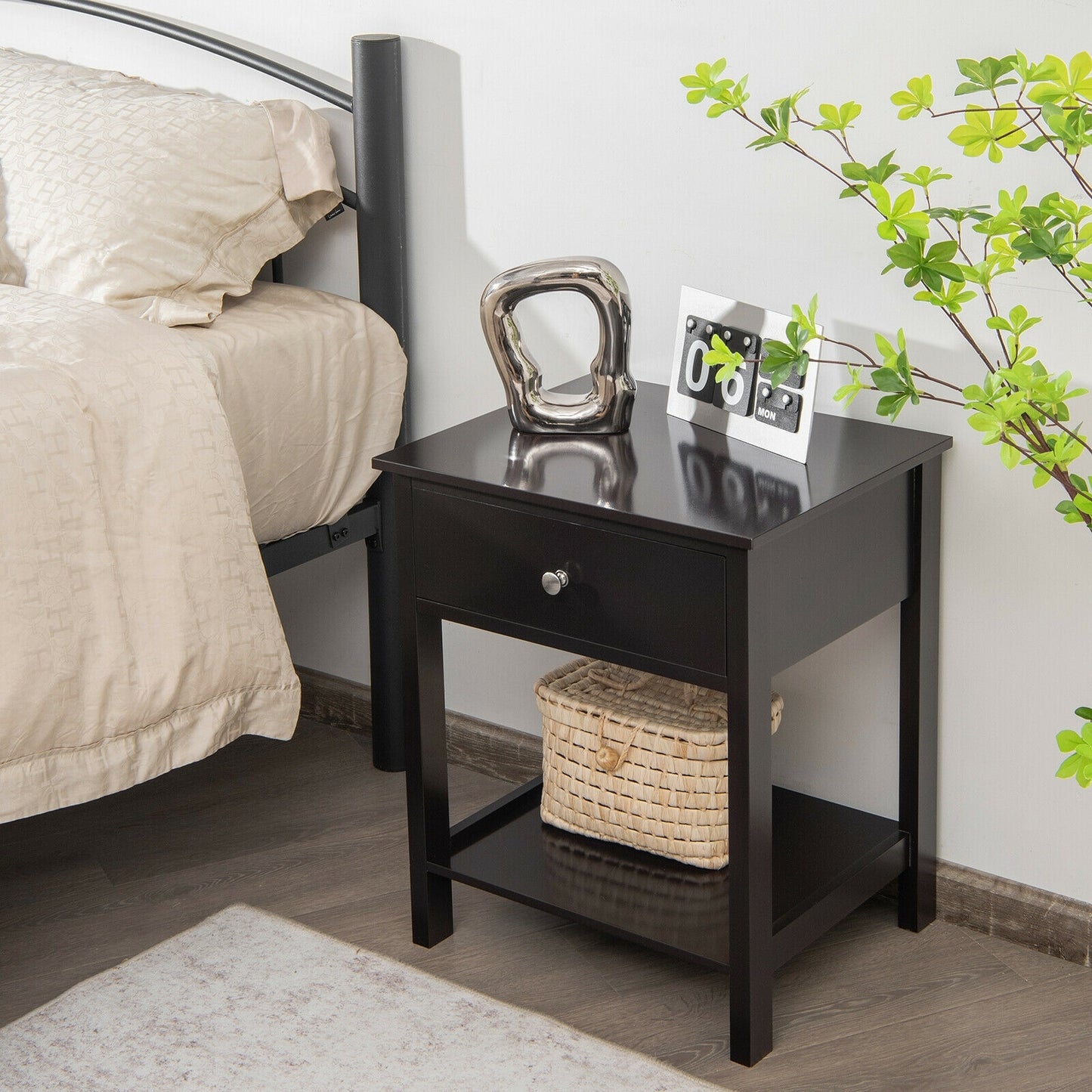 Wooden Nightstand with Drawer and Storage Shelf for Bedroom & Living Room - Black