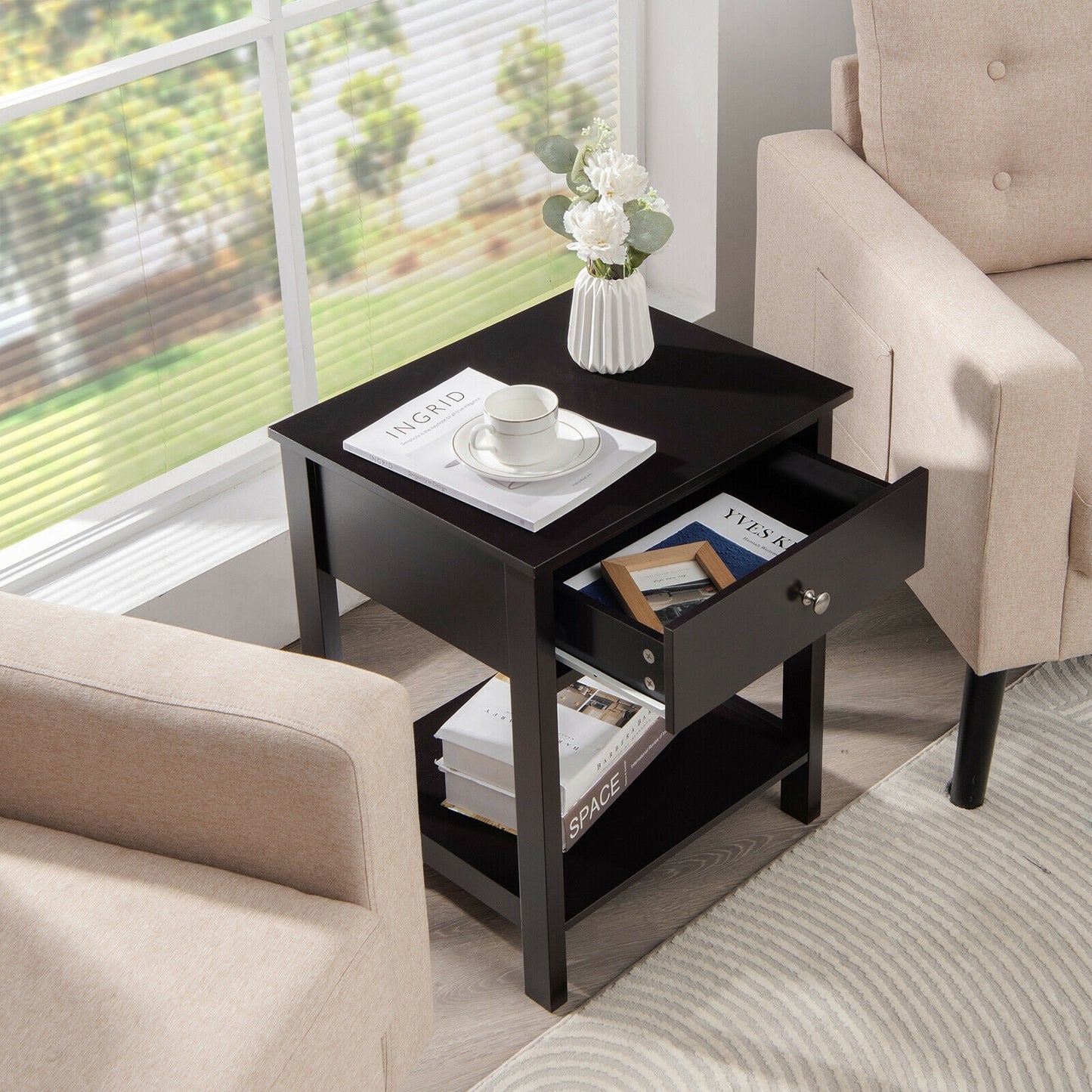 Wooden Nightstand with Drawer and Storage Shelf for Bedroom & Living Room - Black
