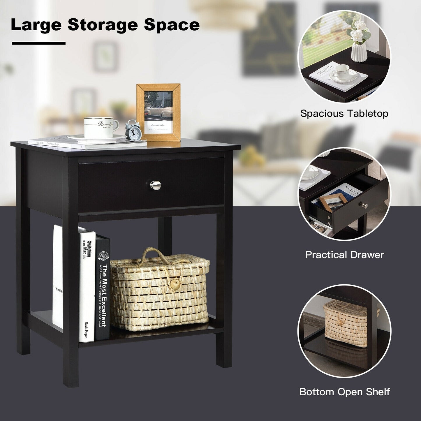 Wooden Nightstand with Drawer and Storage Shelf for Bedroom & Living Room - Black
