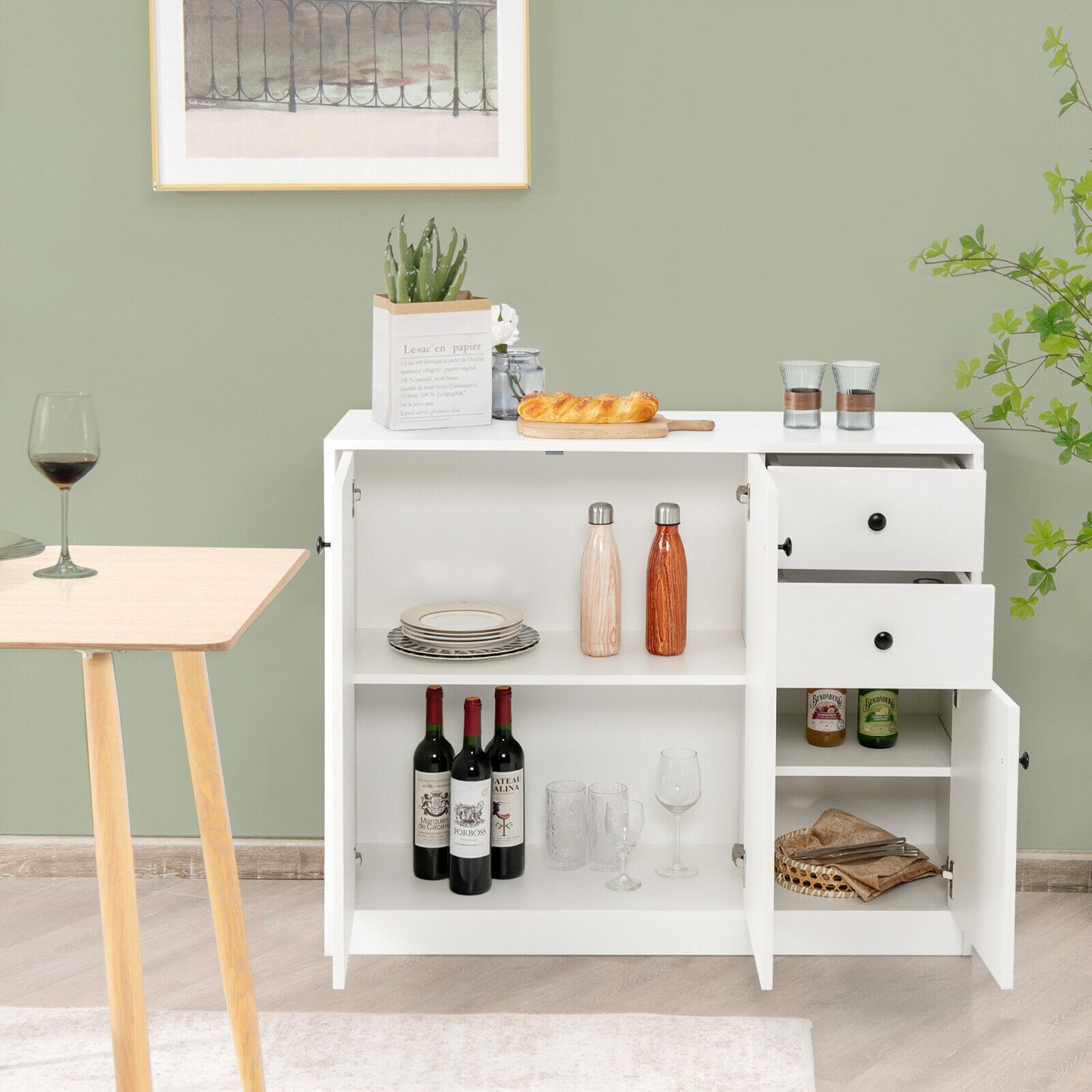 Modern Storage Sideboard Cabinet with Drawers and Adjustable Shelves for Kitchen and Dining Room