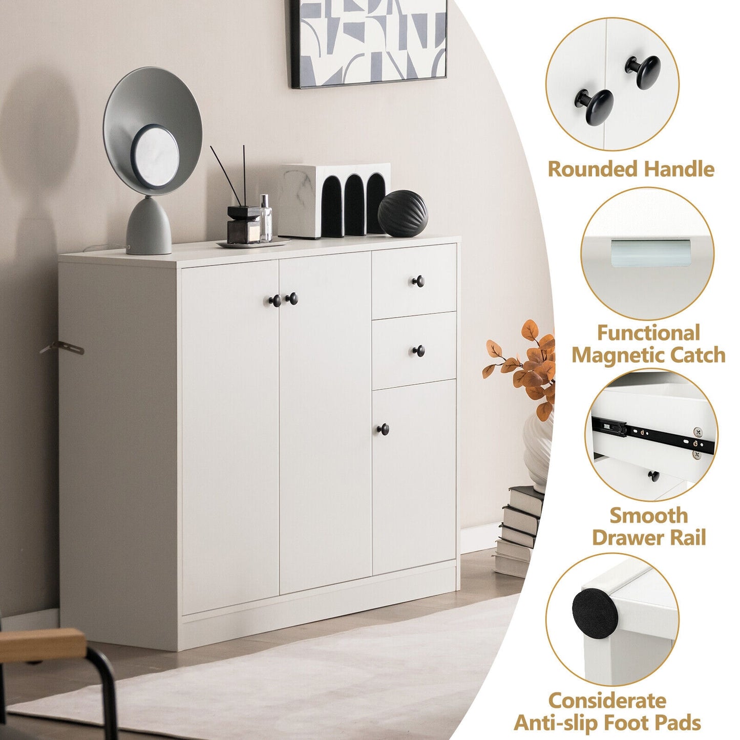Modern Storage Sideboard Cabinet with Drawers and Adjustable Shelves for Kitchen and Dining Room