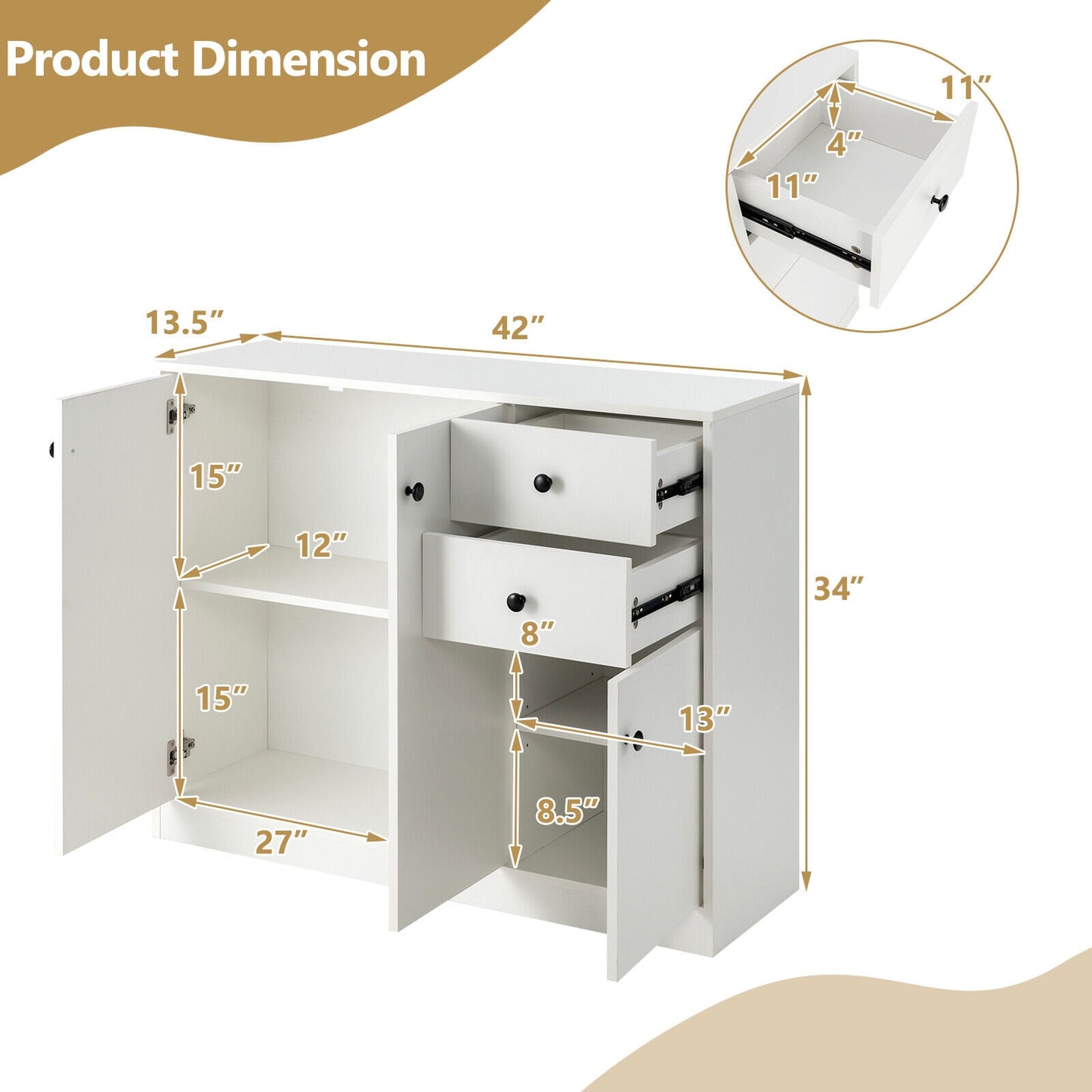Modern Storage Sideboard Cabinet with Drawers and Adjustable Shelves for Kitchen and Dining Room