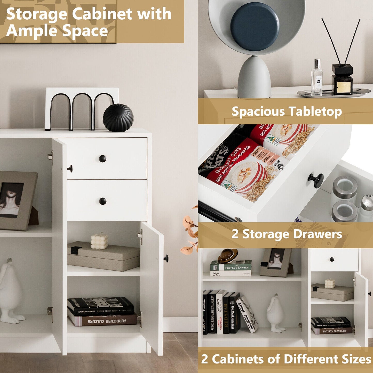 Modern Storage Sideboard Cabinet with Drawers and Adjustable Shelves for Kitchen and Dining Room
