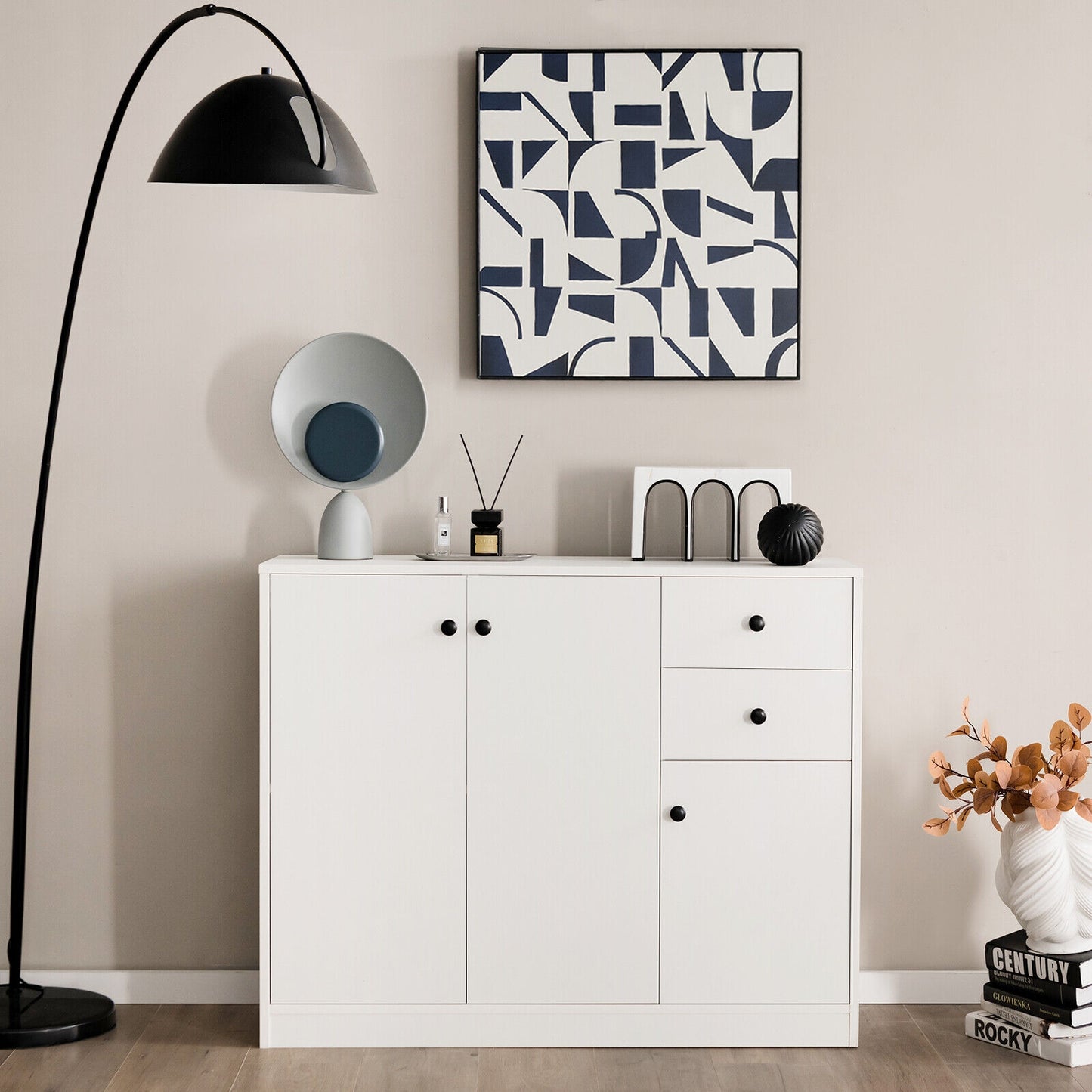 Modern Storage Sideboard Cabinet with Drawers and Adjustable Shelves for Kitchen and Dining Room