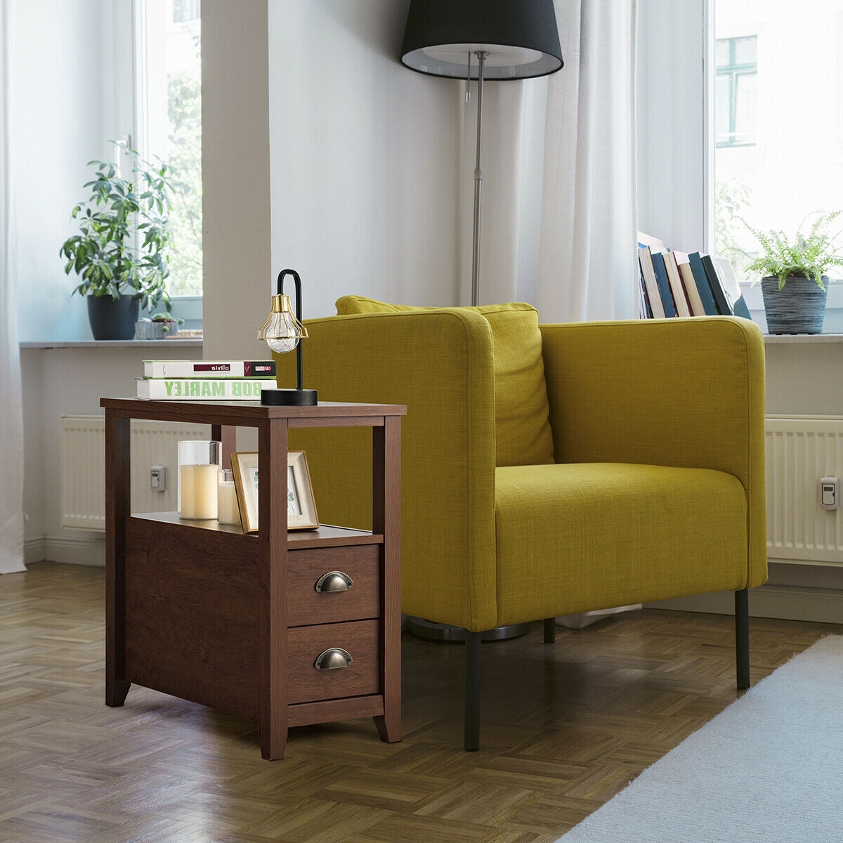 Set of 2 Modern Wooden End Tables with Storage Shelf and Drawers Brown