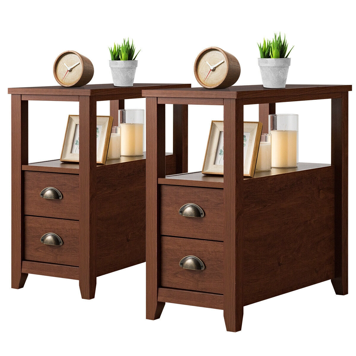 Set of 2 Modern Wooden End Tables with Storage Shelf and Drawers Brown