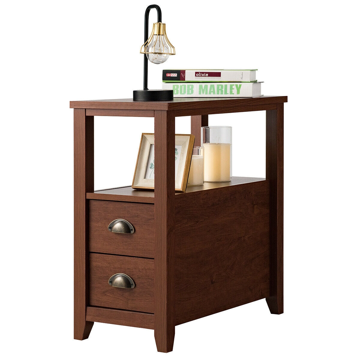 Set of 2 Modern Wooden End Tables with Storage Shelf and Drawers Brown