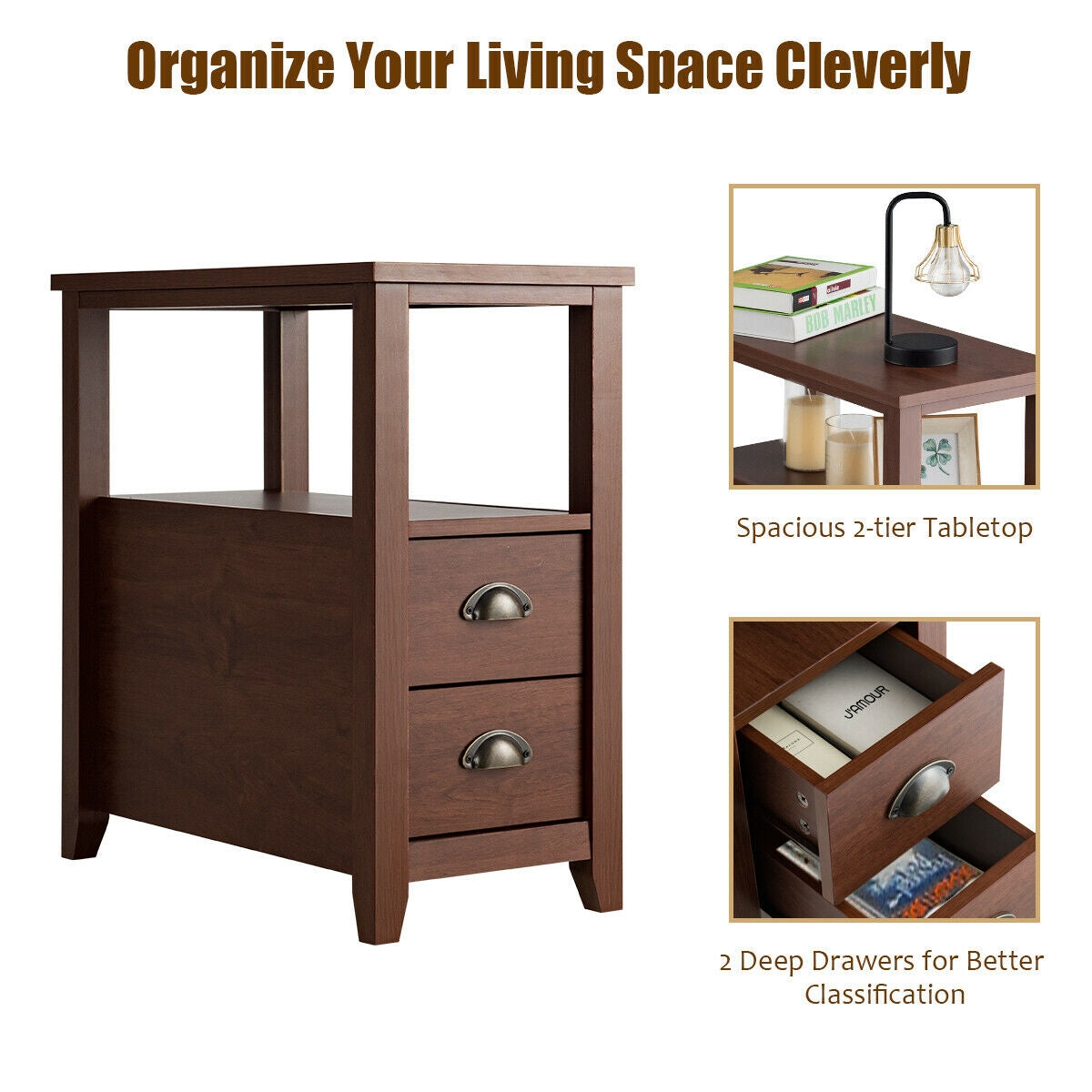 Set of 2 Modern Wooden End Tables with Storage Shelf and Drawers Brown