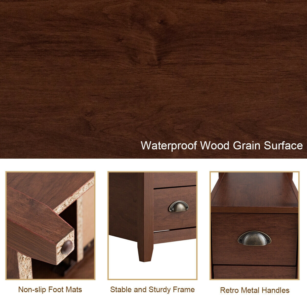 Set of 2 Modern Wooden End Tables with Storage Shelf and Drawers Brown