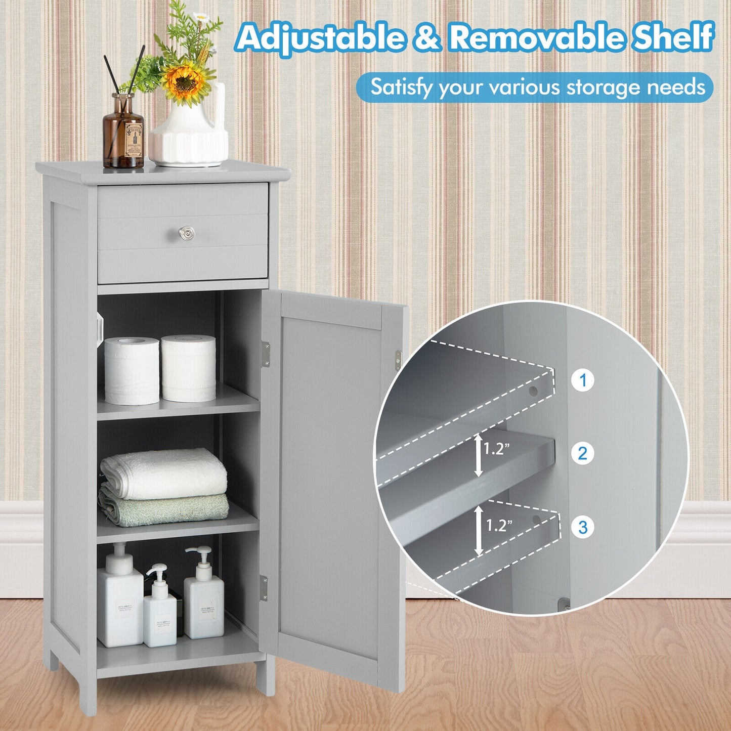 Compact Wooden Bathroom Storage Cabinet with Adjustable Shelf & Drawer