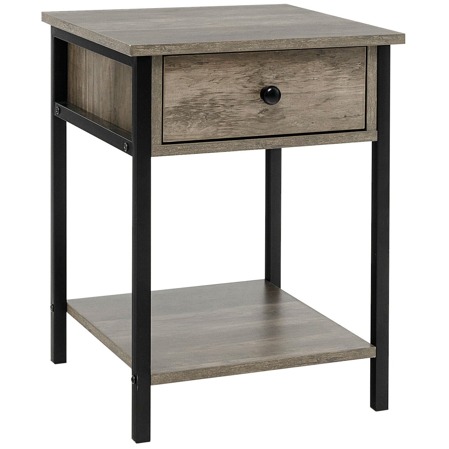 End Table with Drawer and Shelf – Industrial Nightstand, Oak
