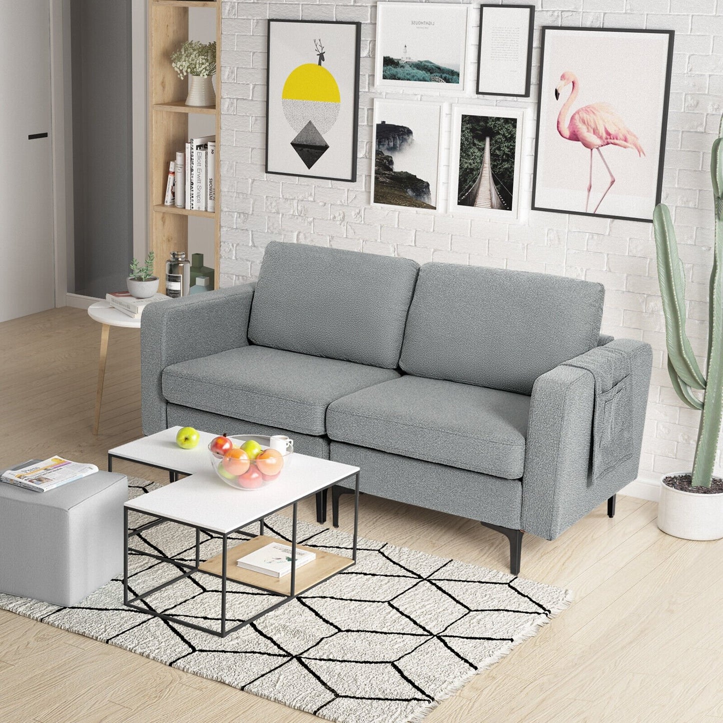 Compact Loveseat Sofa Couch with Side Storage Pocket and Padded Seat Cushions, Grey Upholstery