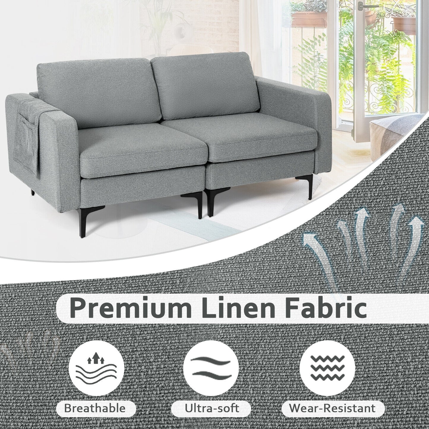 Compact Loveseat Sofa Couch with Side Storage Pocket and Padded Seat Cushions, Grey Upholstery