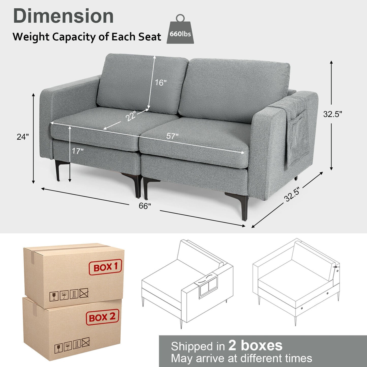 Compact Loveseat Sofa Couch with Side Storage Pocket and Padded Seat Cushions, Grey Upholstery