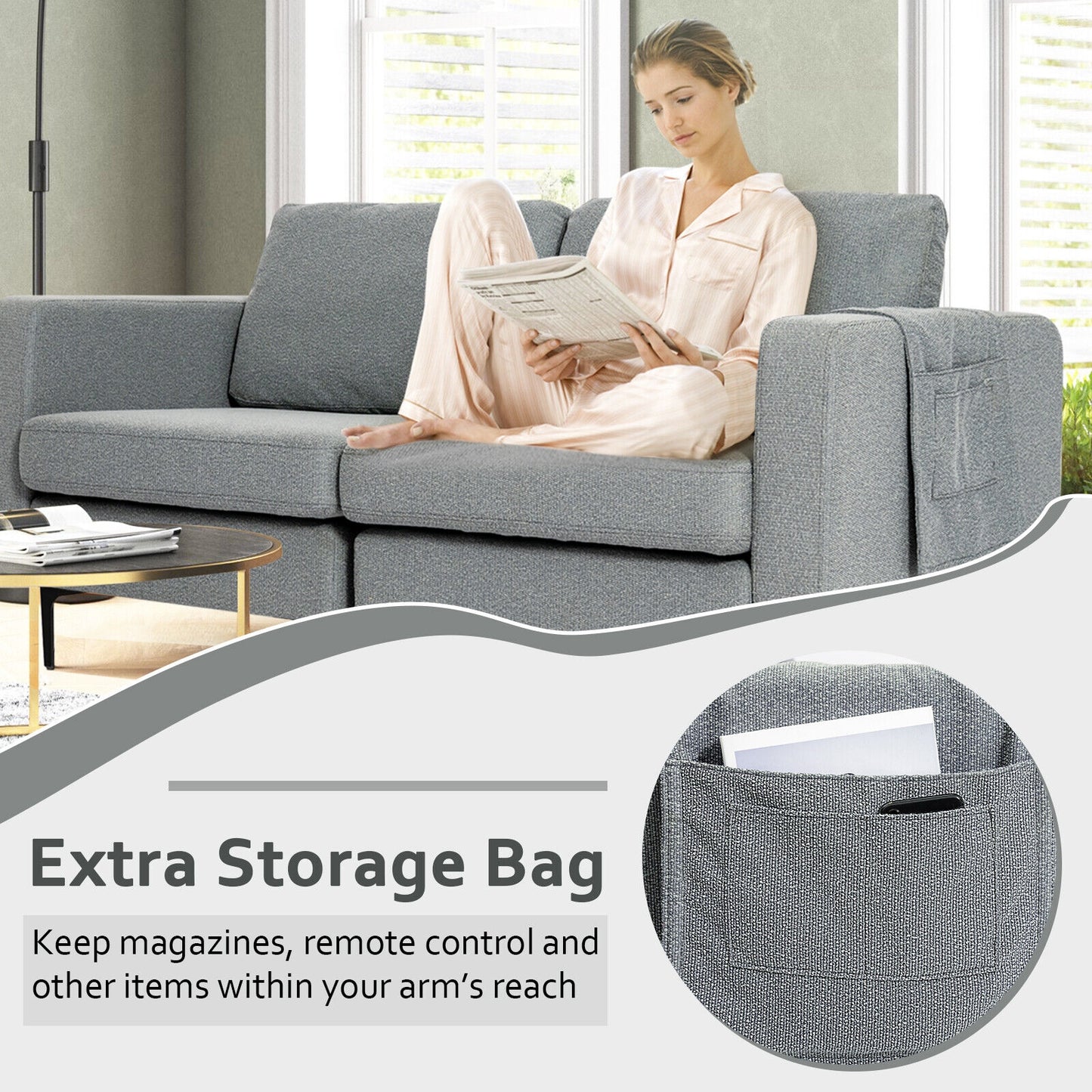 Compact Loveseat Sofa Couch with Side Storage Pocket and Padded Seat Cushions, Grey Upholstery