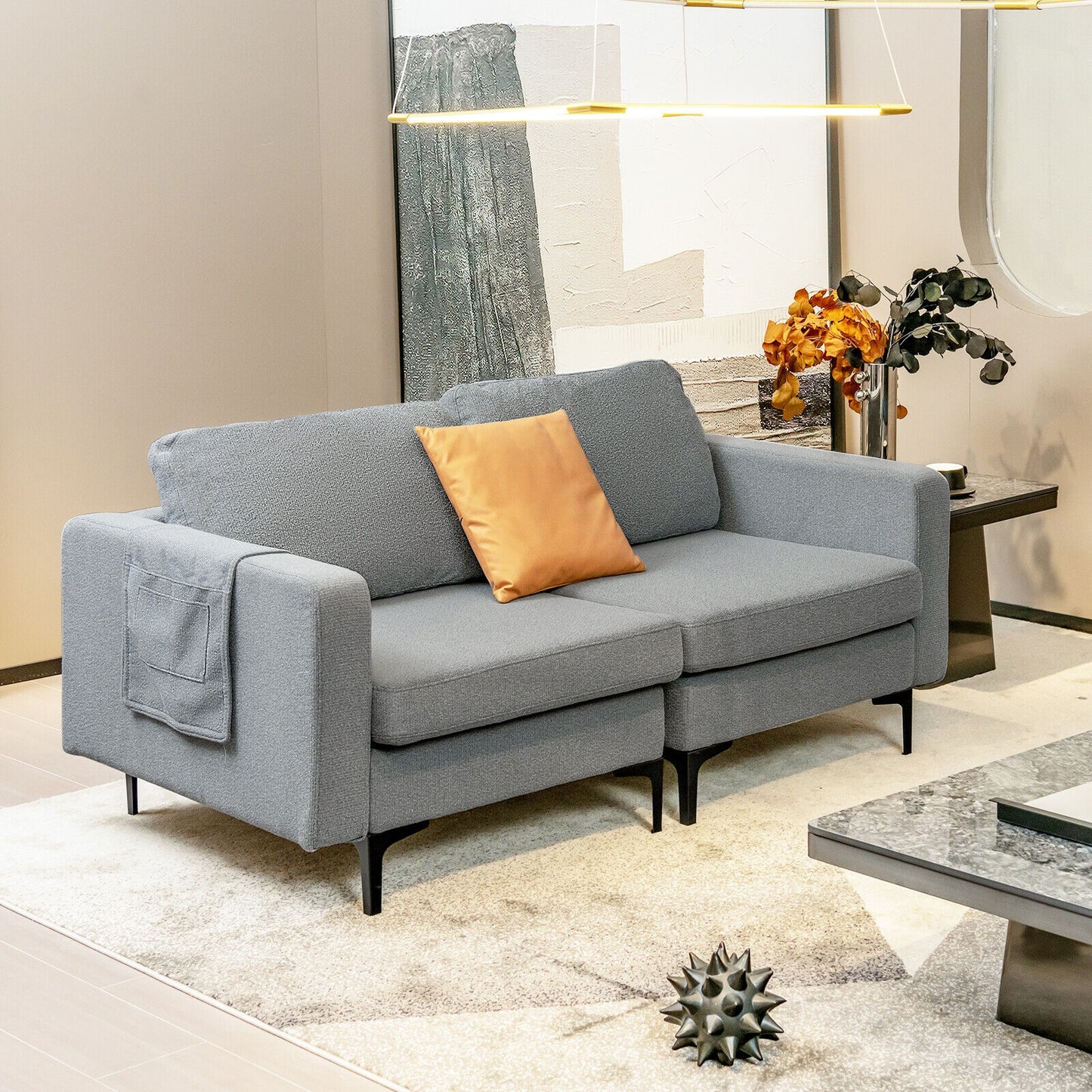 Compact Loveseat Sofa Couch with Side Storage Pocket and Padded Seat Cushions, Grey Upholstery