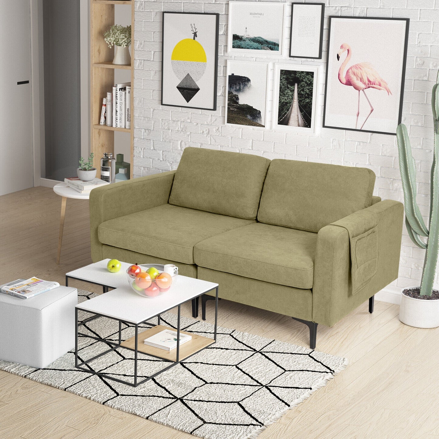 Compact Loveseat Sofa Couch with Side Storage Pocket and Padded Seat Cushions, Green Upholstery