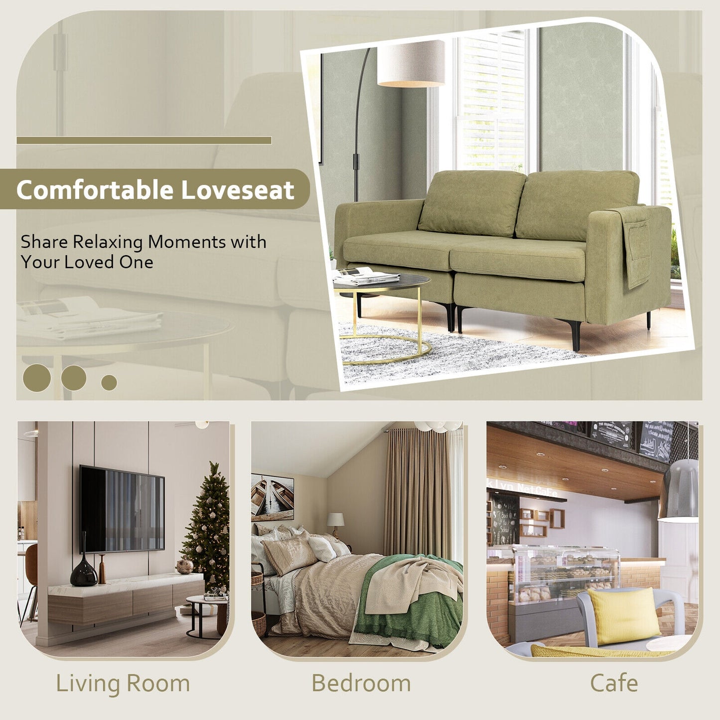 Compact Loveseat Sofa Couch with Side Storage Pocket and Padded Seat Cushions, Green Upholstery