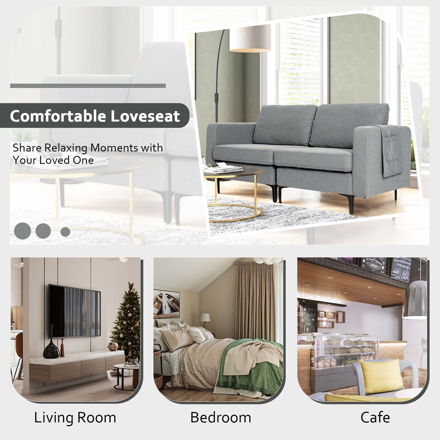 Compact Loveseat Sofa Couch with Side Storage Pocket and Padded Seat Cushions, Grey Upholstery