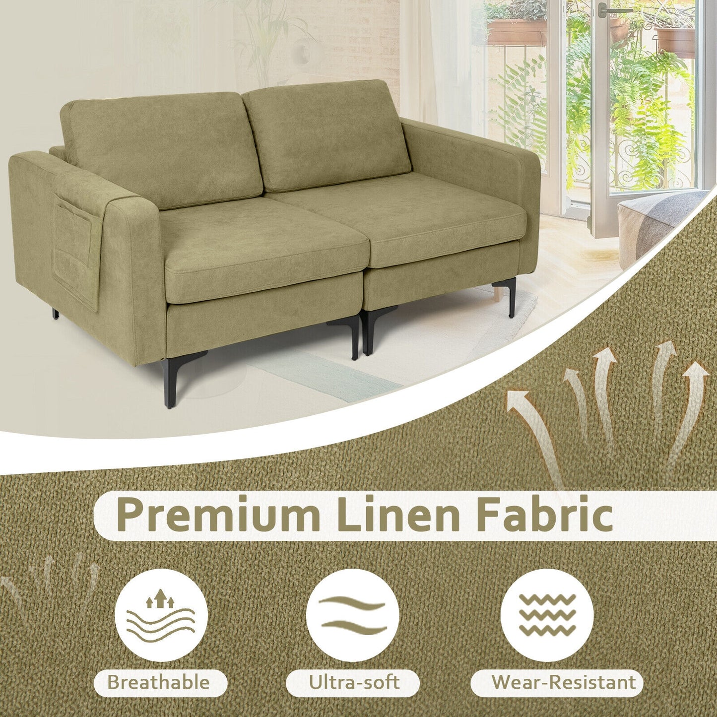 Compact Loveseat Sofa Couch with Side Storage Pocket and Padded Seat Cushions, Green Upholstery