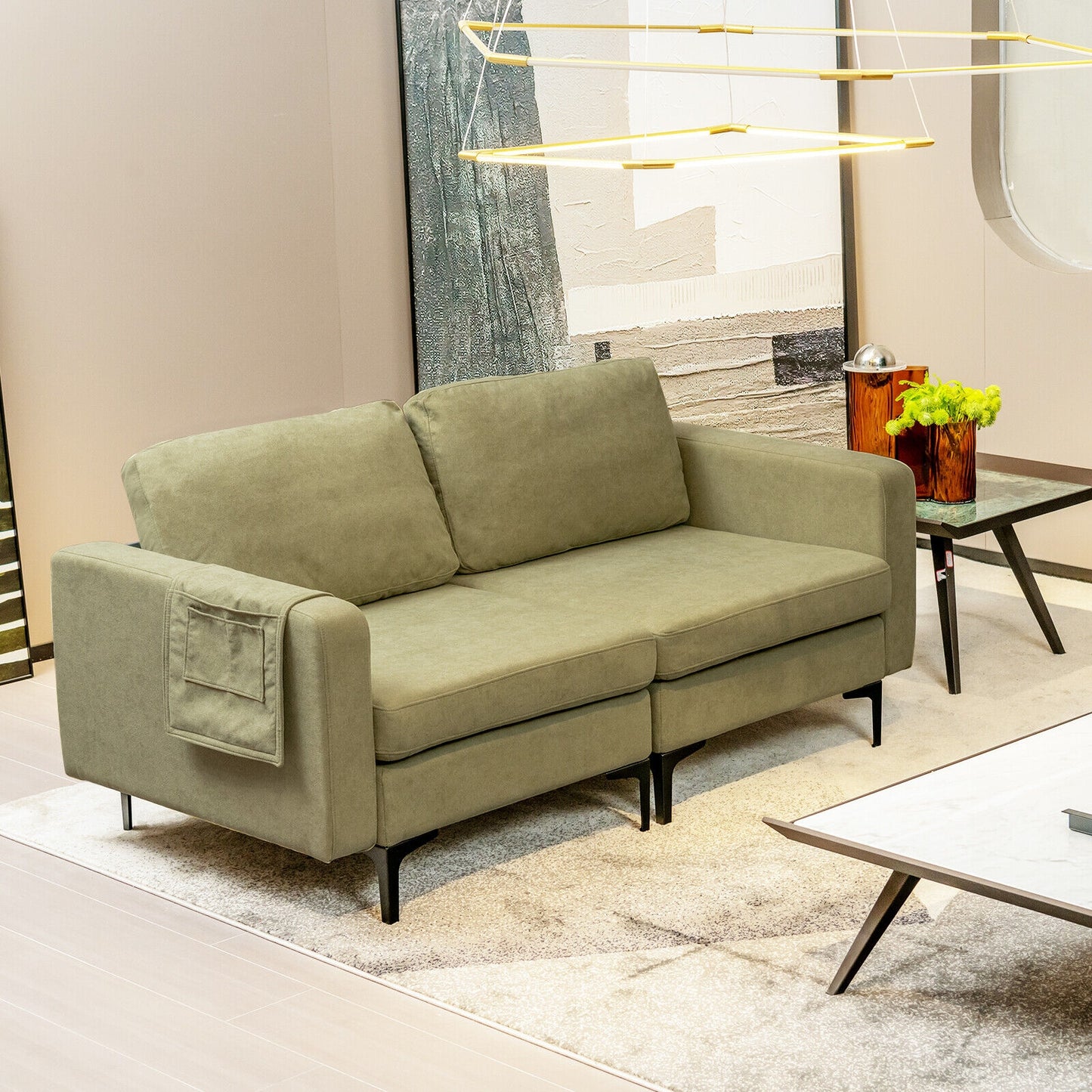 Compact Loveseat Sofa Couch with Side Storage Pocket and Padded Seat Cushions, Green Upholstery