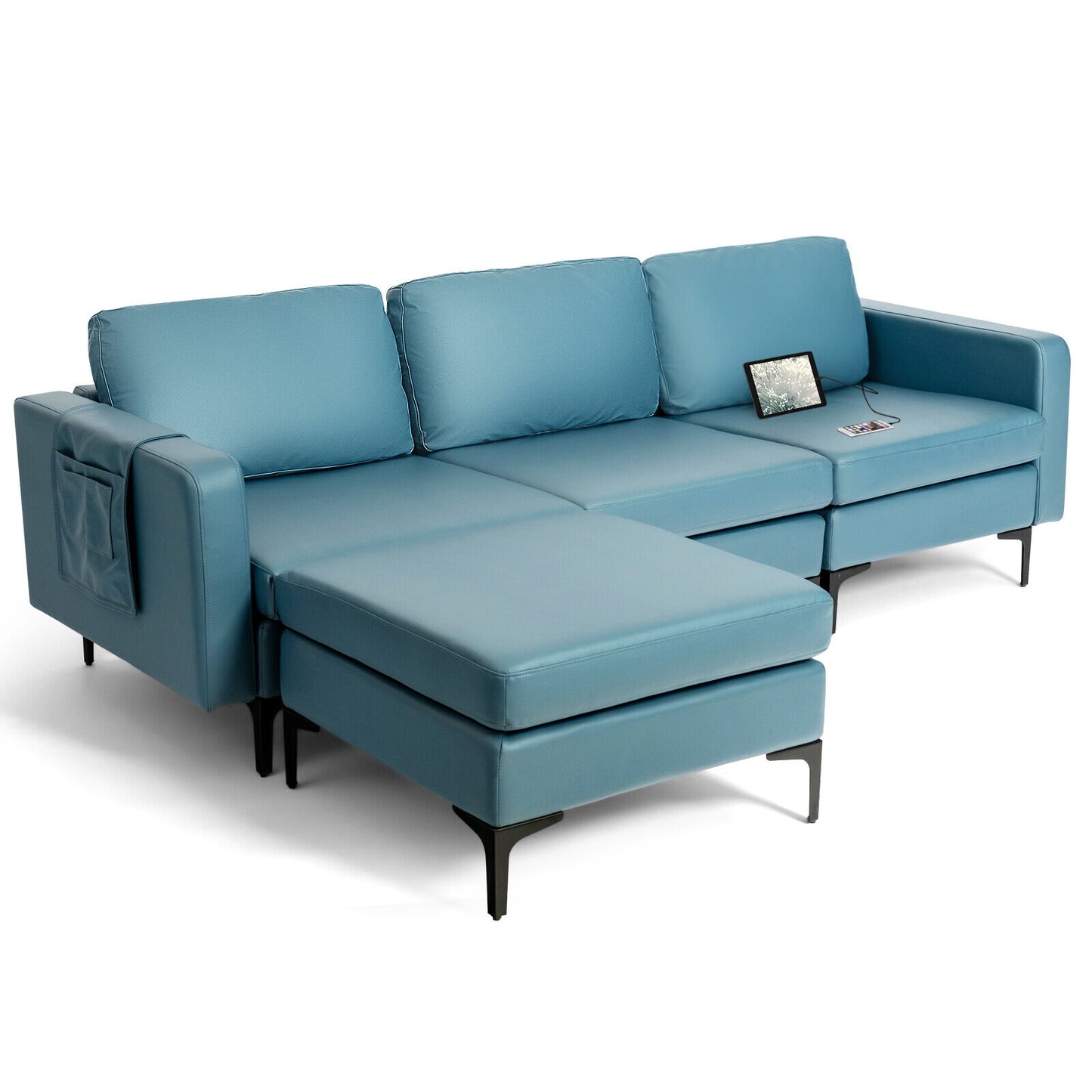 Modular L-Shaped Sectional Sofa with Reversible Chaise, Built-In USB Ports - Blue
