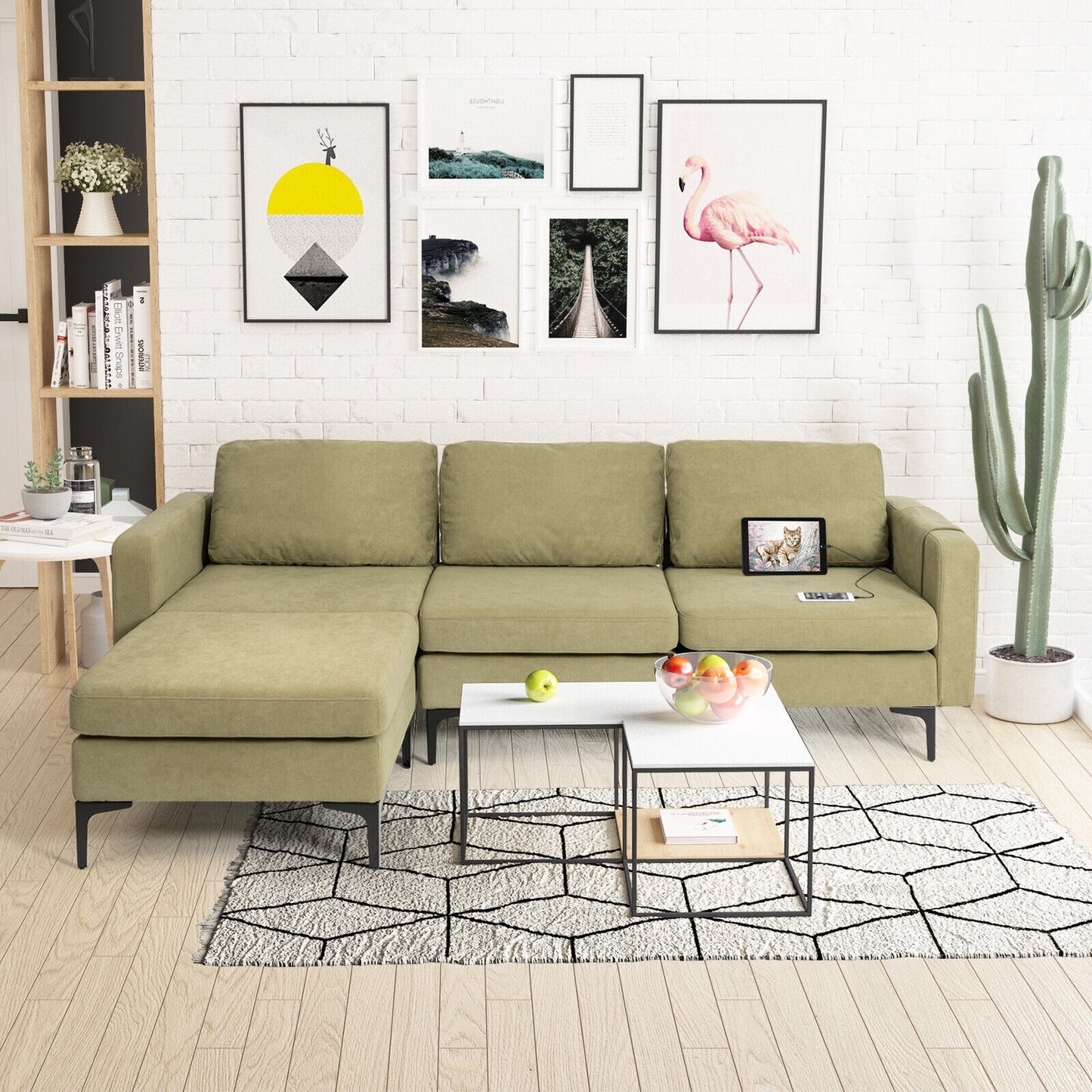 Modular L-Shaped Sectional Sofa with Reversible Chaise, Built-In USB Ports - Green