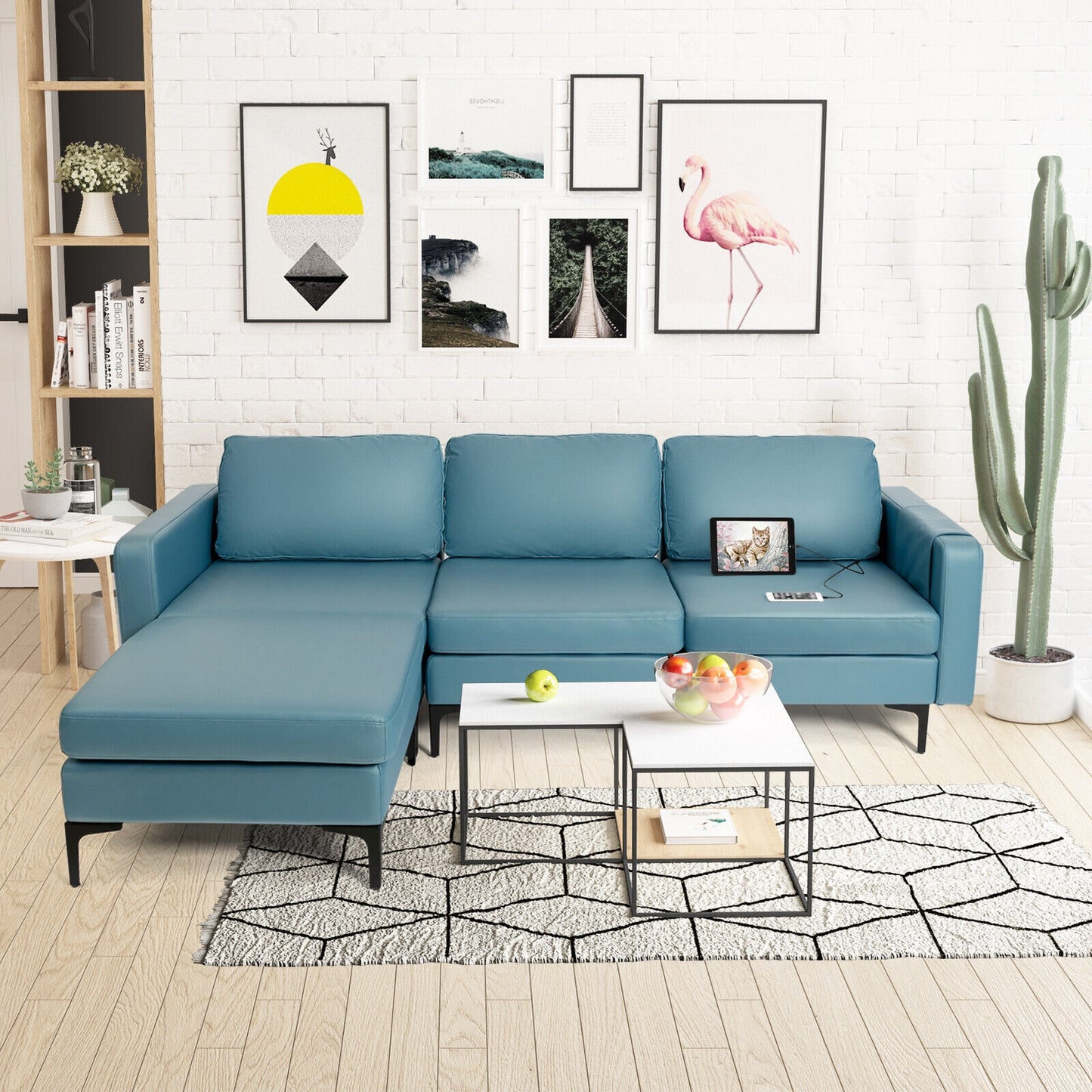 Modular L-Shaped Sectional Sofa with Reversible Chaise, Built-In USB Ports - Blue