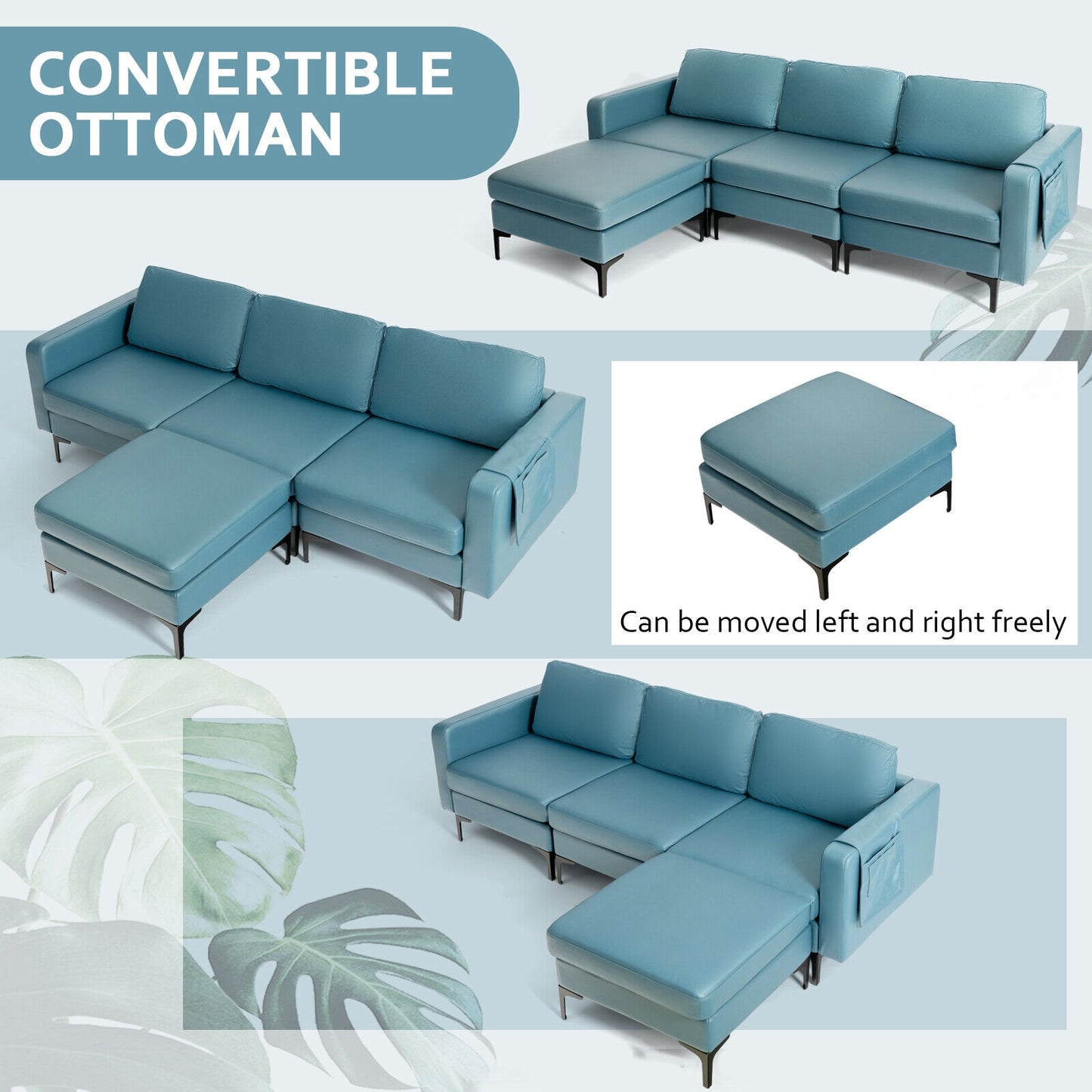 Modular L-Shaped Sectional Sofa with Reversible Chaise, Built-In USB Ports - Blue
