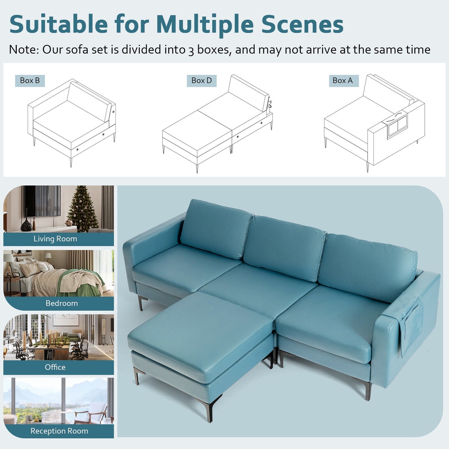 Modular L-Shaped Sectional Sofa with Reversible Chaise, Built-In USB Ports - Blue
