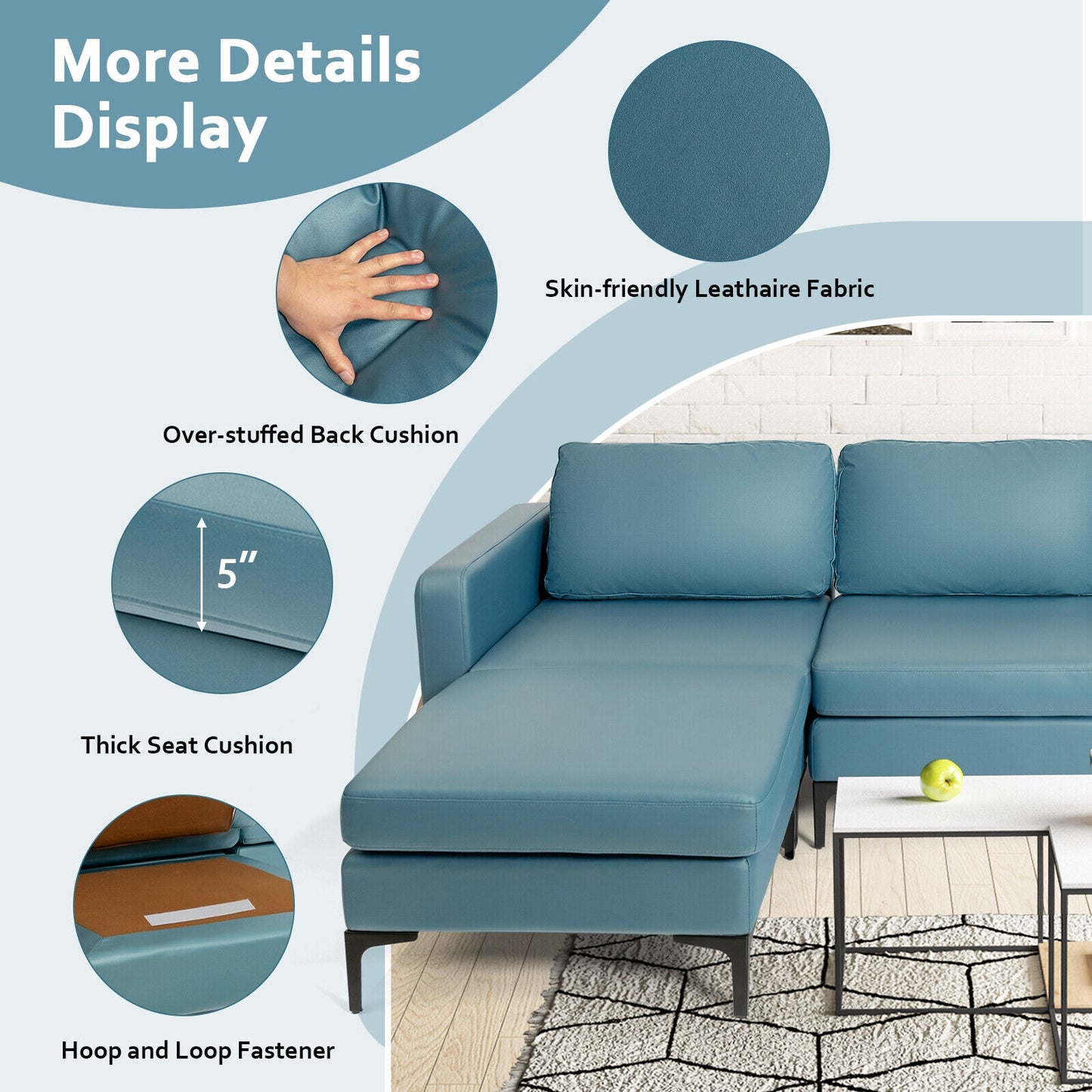 Modular L-Shaped Sectional Sofa with Reversible Chaise, Built-In USB Ports - Blue