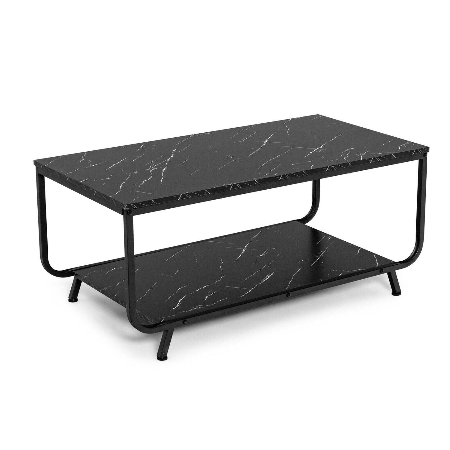 Modern 2-Tier Coffee Table with Faux Marble Top and Storage Shelf