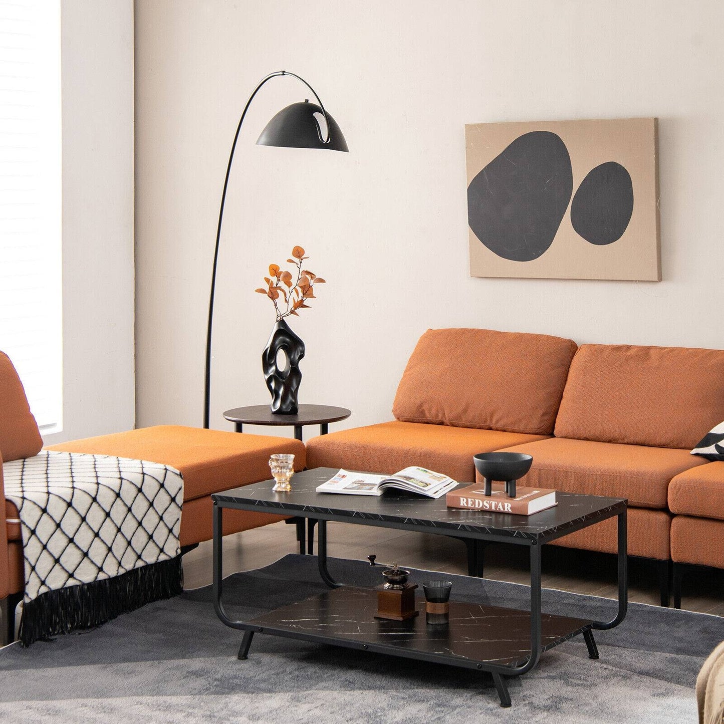 Modern 2-Tier Coffee Table with Faux Marble Top and Storage Shelf