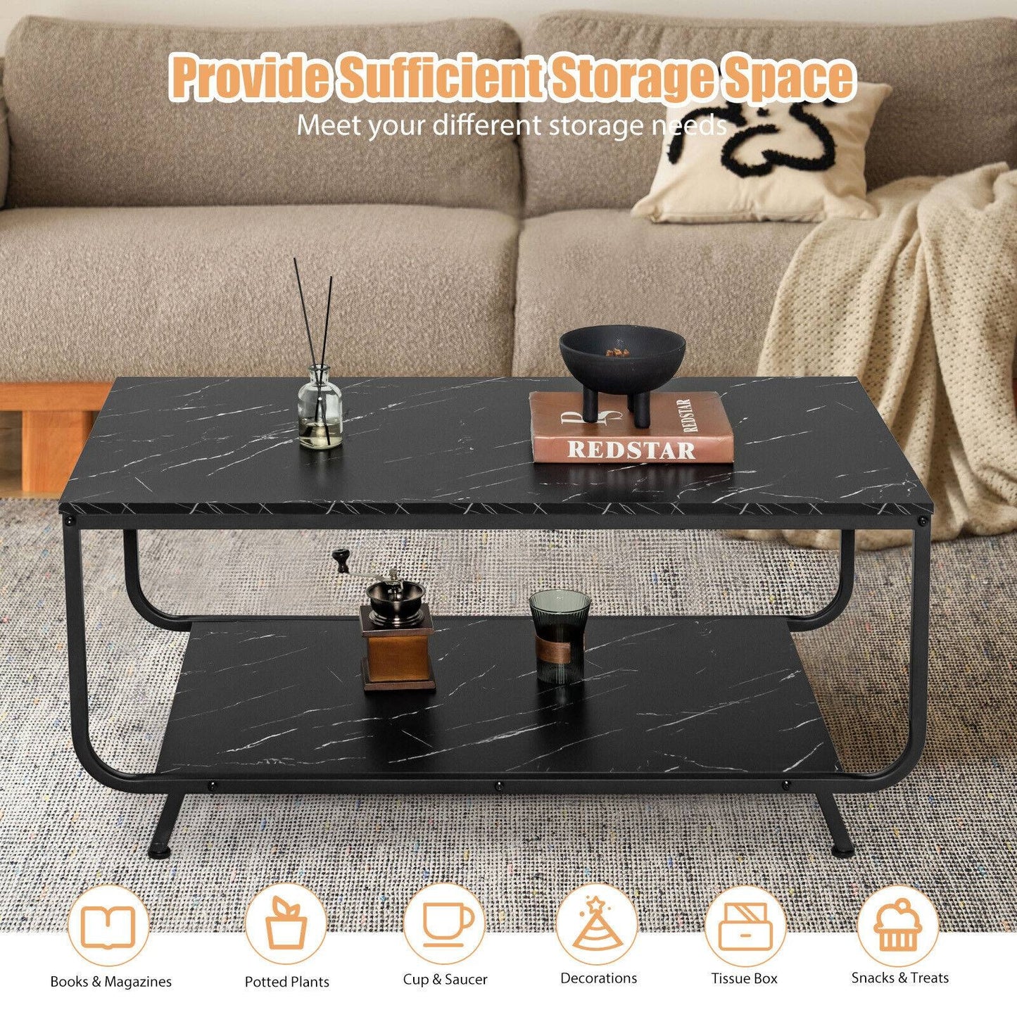Modern 2-Tier Coffee Table with Faux Marble Top and Storage Shelf