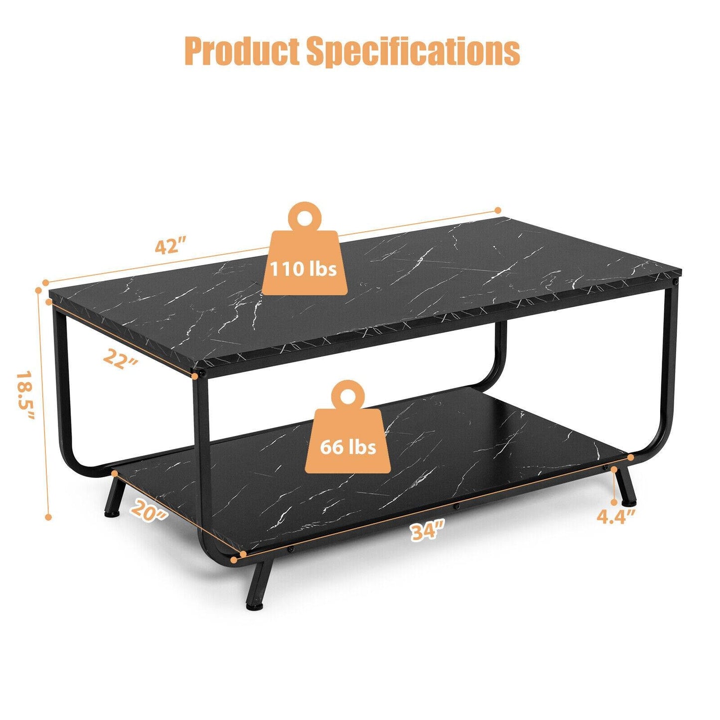 Modern 2-Tier Coffee Table with Faux Marble Top and Storage Shelf