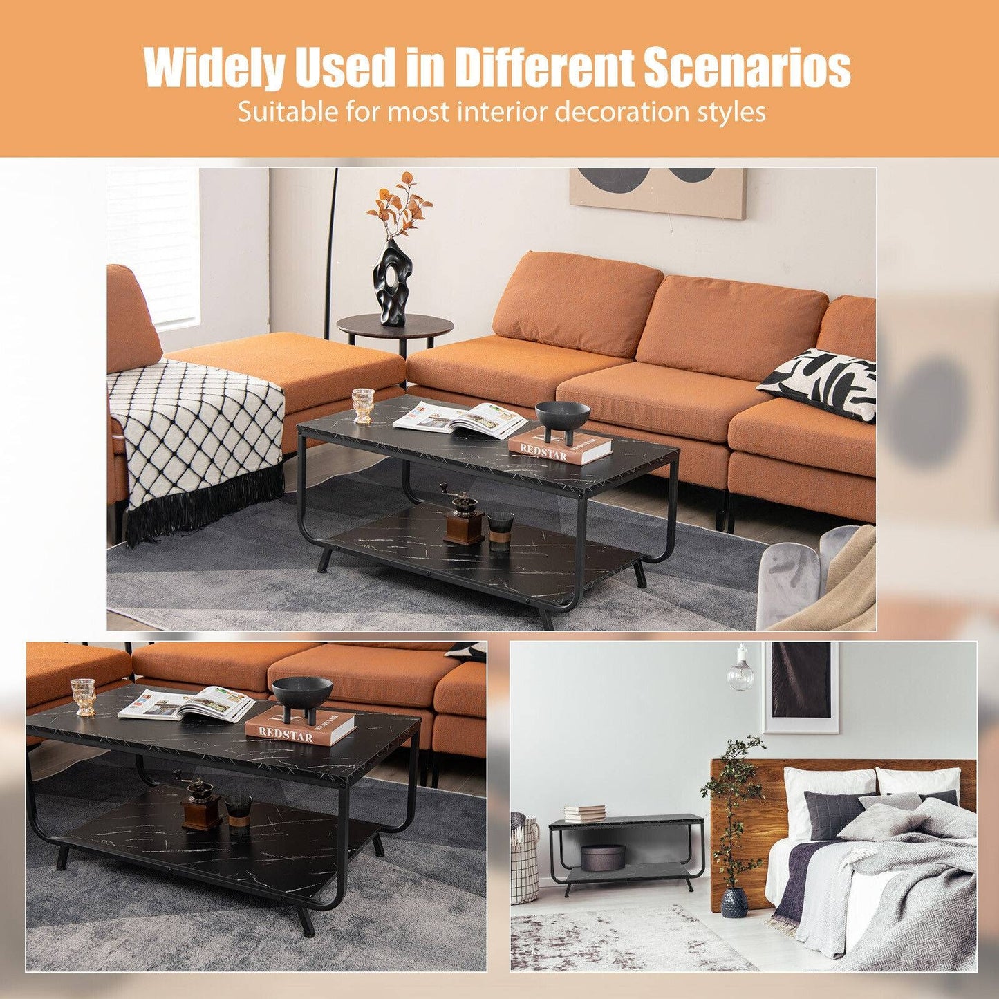 Modern 2-Tier Coffee Table with Faux Marble Top and Storage Shelf