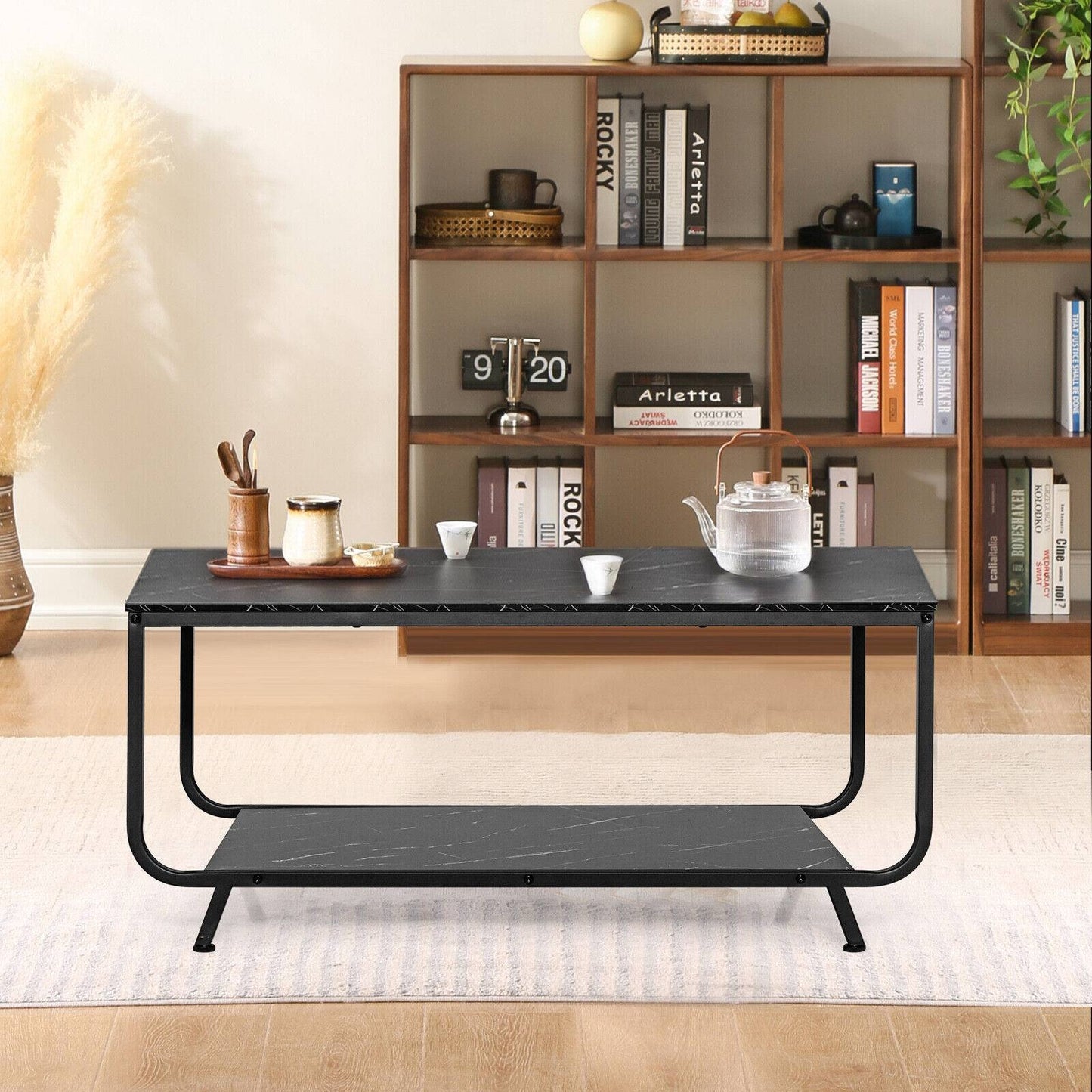 Modern 2-Tier Coffee Table with Faux Marble Top and Storage Shelf