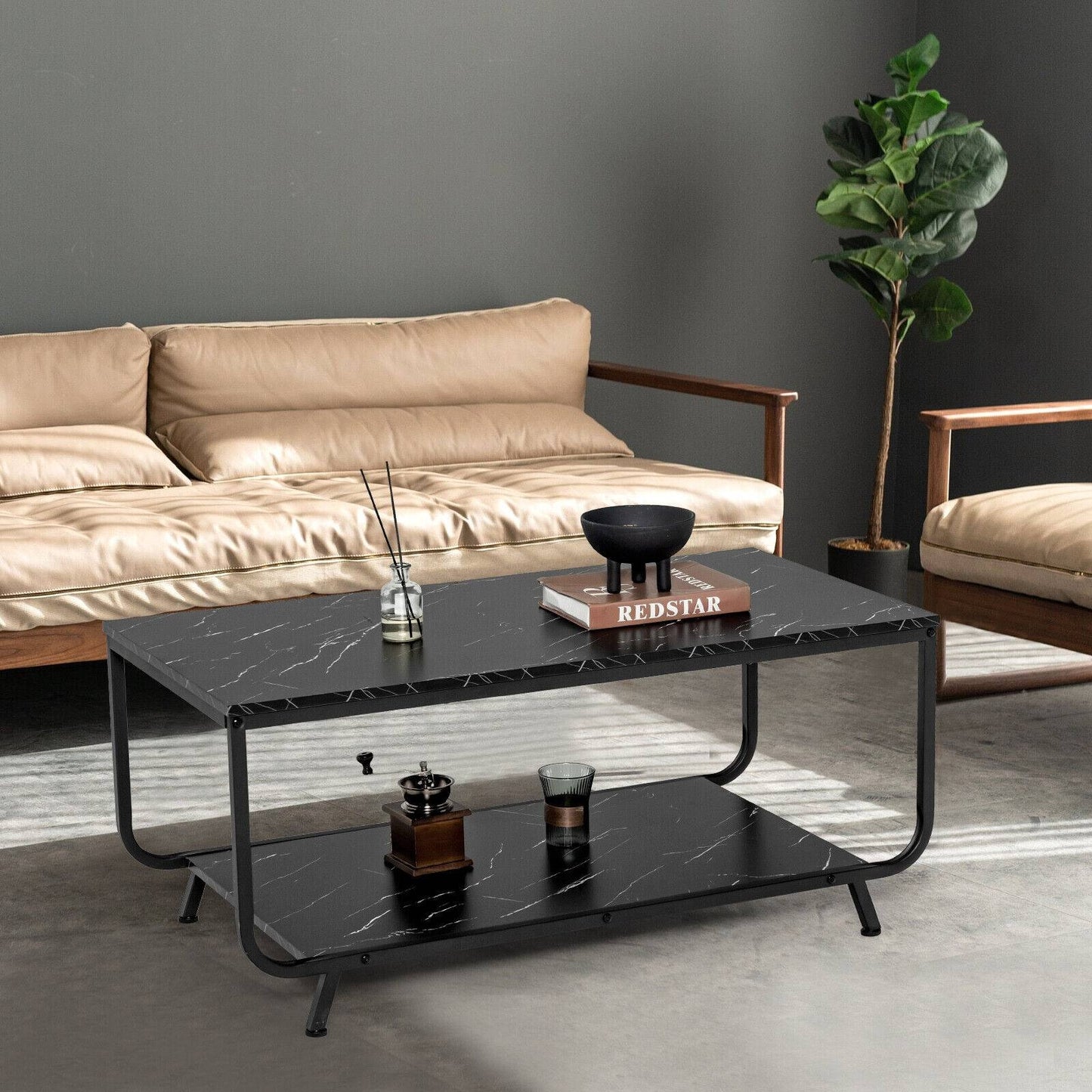 Modern 2-Tier Coffee Table with Faux Marble Top and Storage Shelf